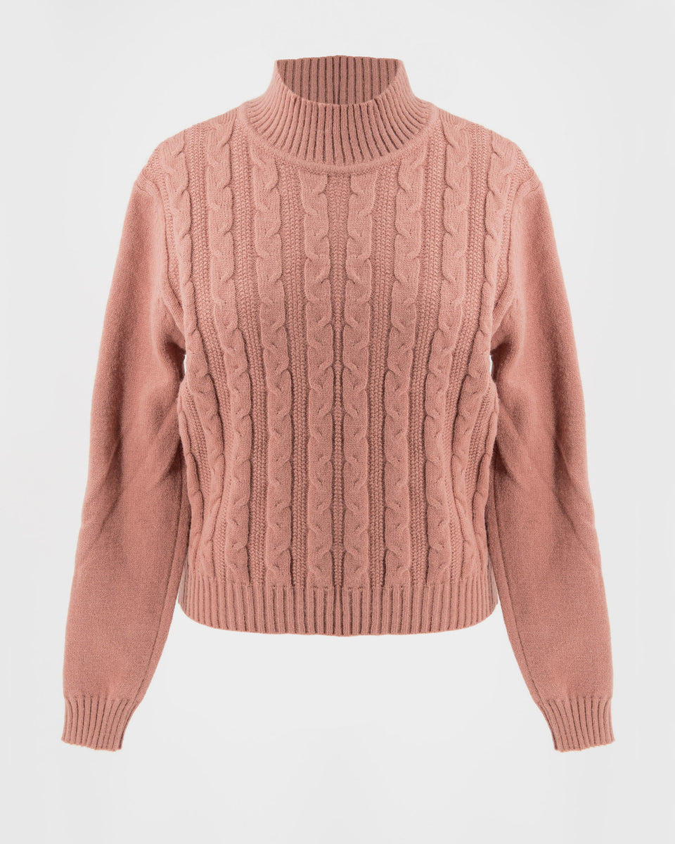 Latte Metallic Cable Knit Mock Neck Sweater